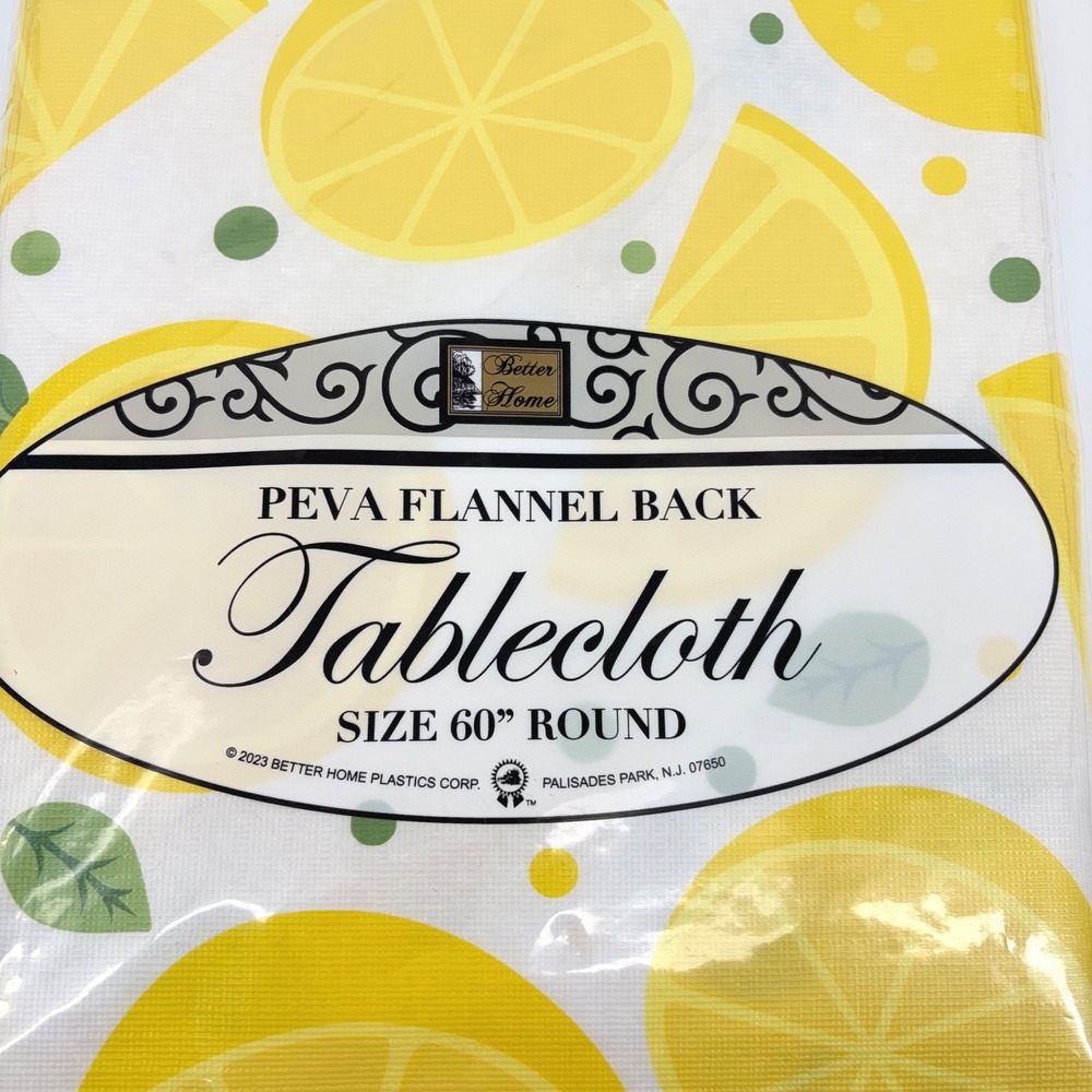Better Home Tablecloth PEVA Flannel Back Lemon Citrus Summer Yellow 60" Round